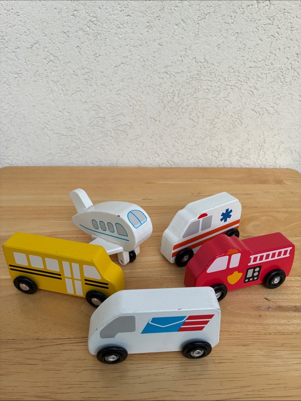 Wooden Emergency & Transport Vehicle Toy Set of 5. Fire bus ambulance plane post